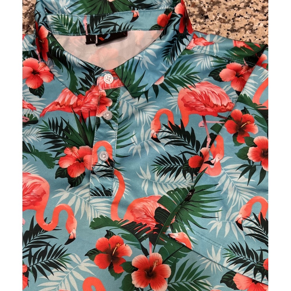 Yatta Golf Mens Performance Polo‎ Shirt Flamingo Tropical Leaves Size Large M?
